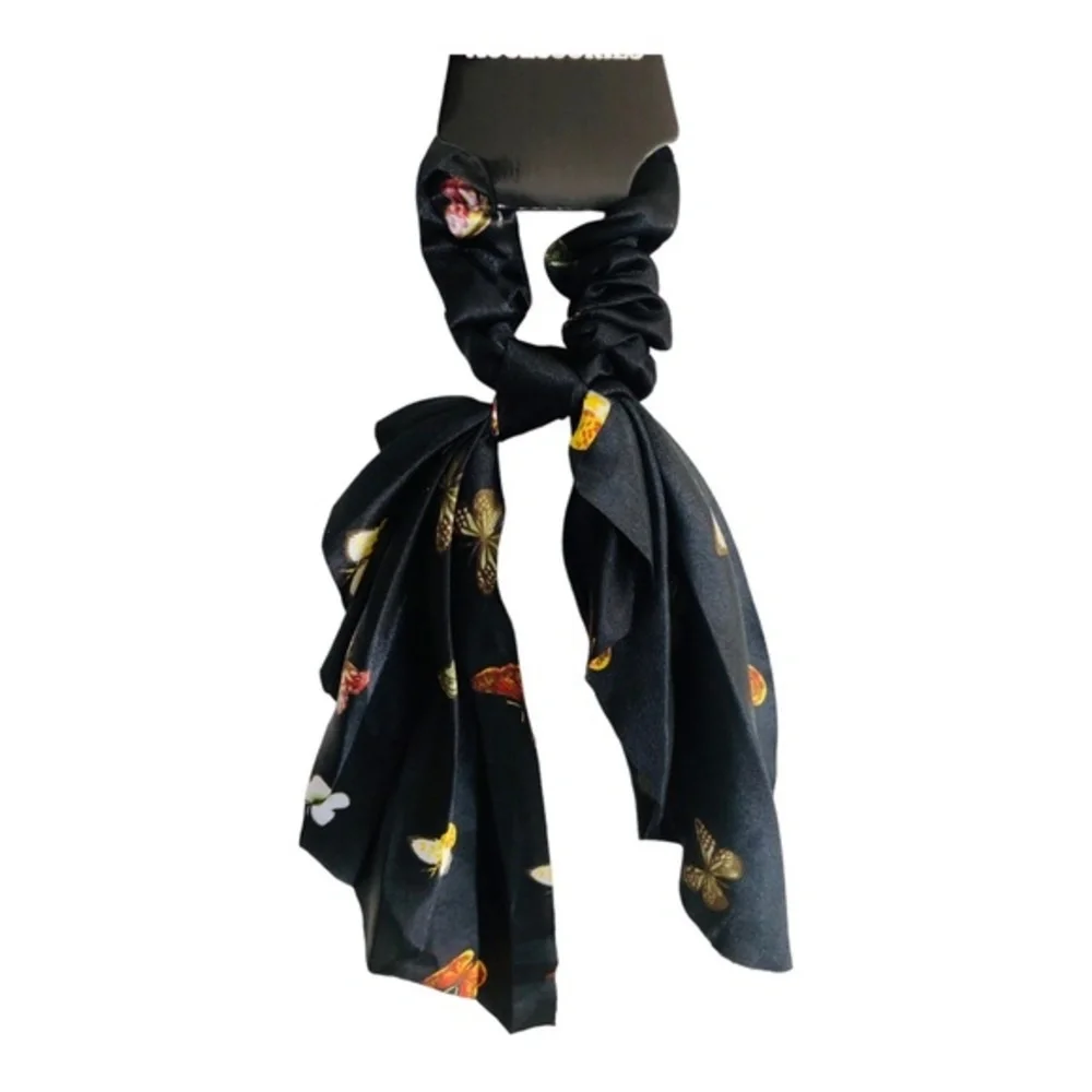 4 Butterfly print satin‎ look black, pink, blue ivory hair scrunchie scarves new